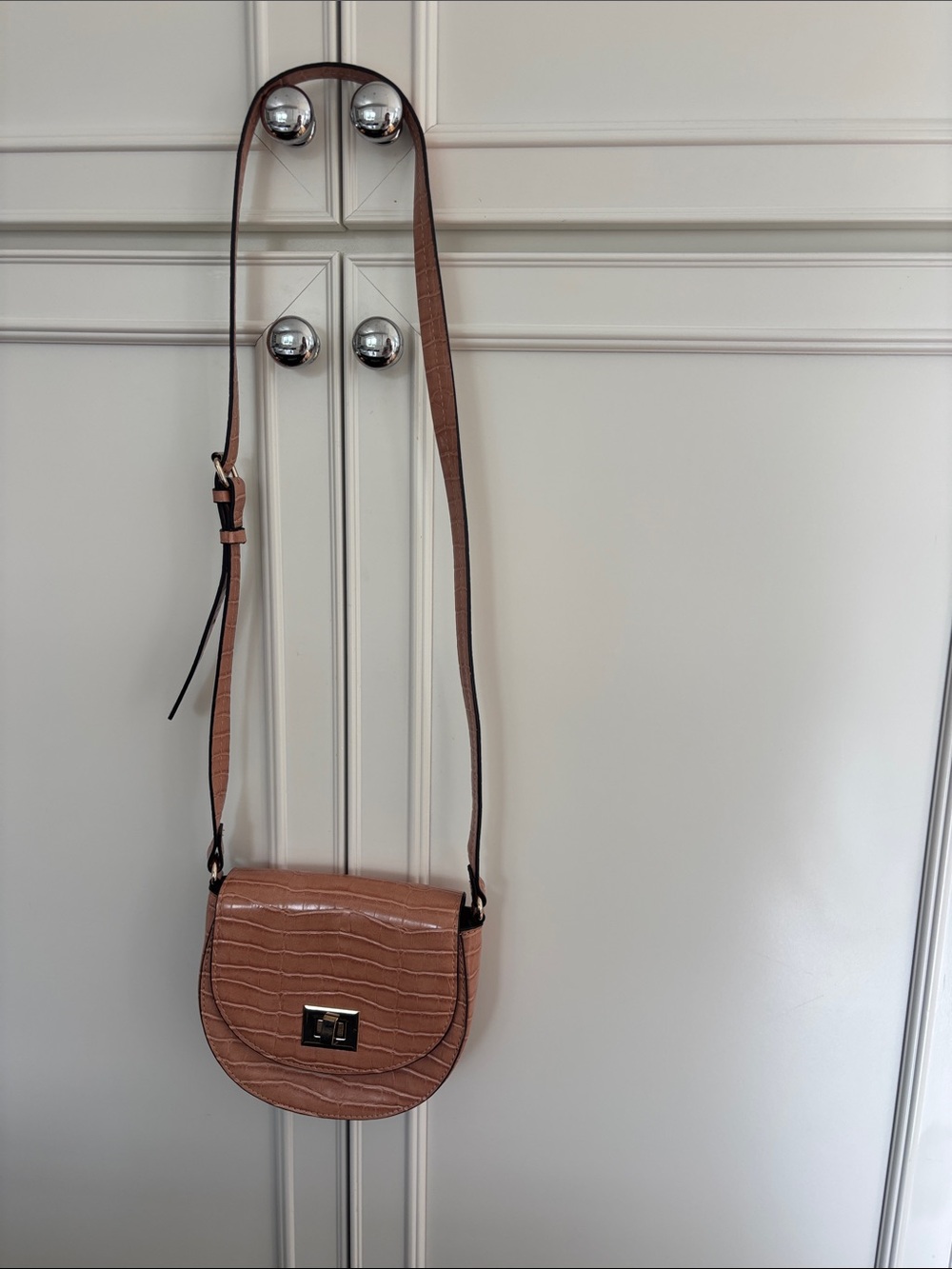 Zara Croc-Embossed Tan Crossbody Saddle Bag